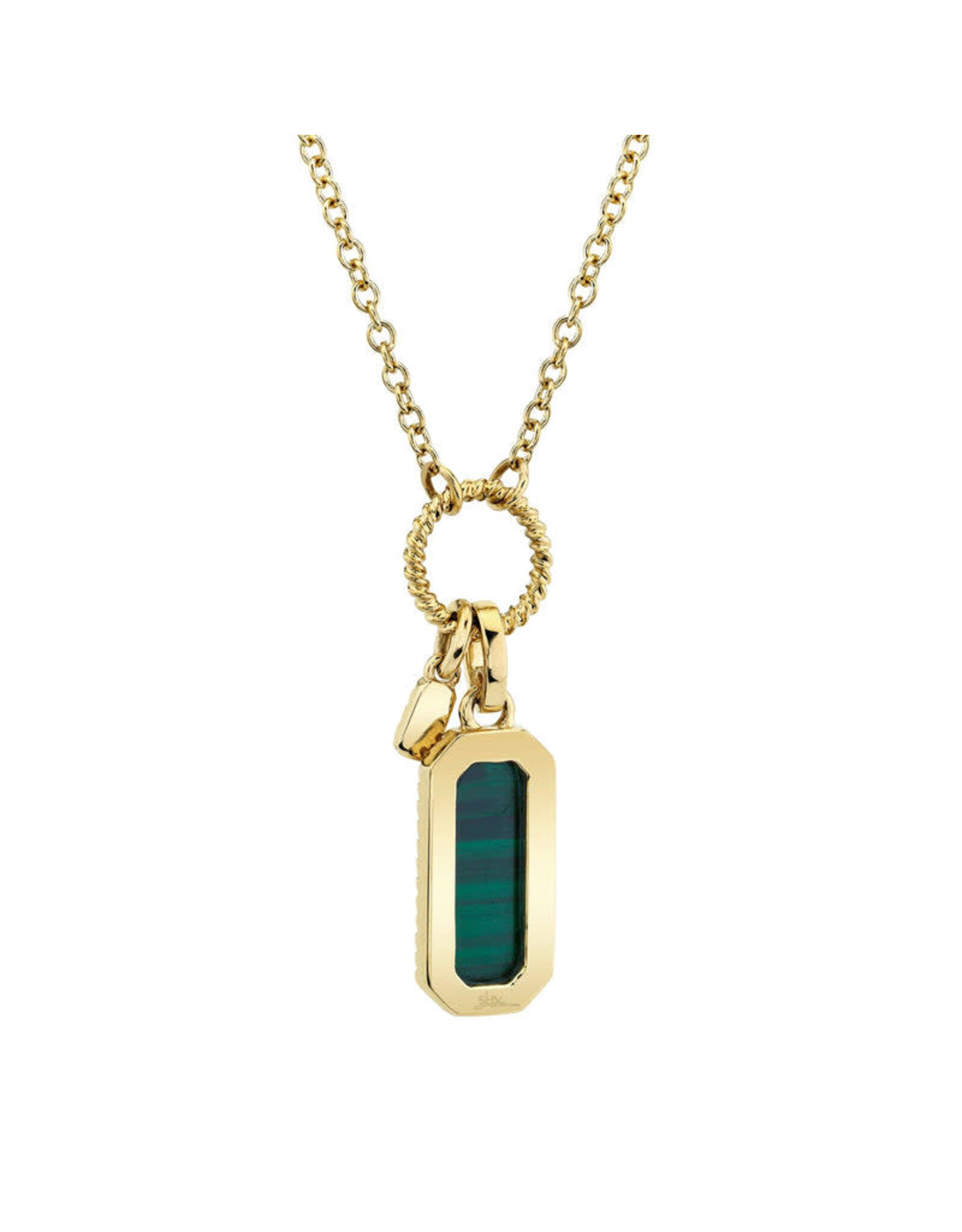 14K Yellow Gold Malachite and Diamonds Charm Necklace, M: 1.03ct, d: 0.13ct