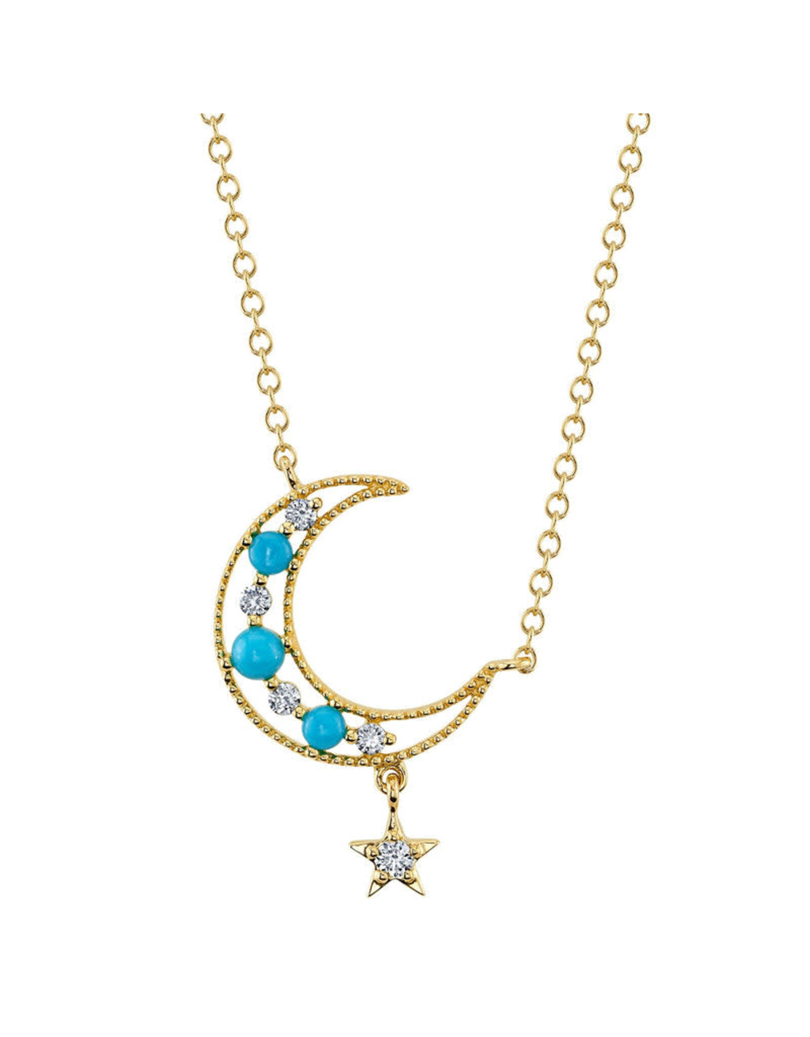 14K Yellow Gold Turquoise, Diamond Moon & Star Necklace, T: 0.15ct, D: 0.08ct