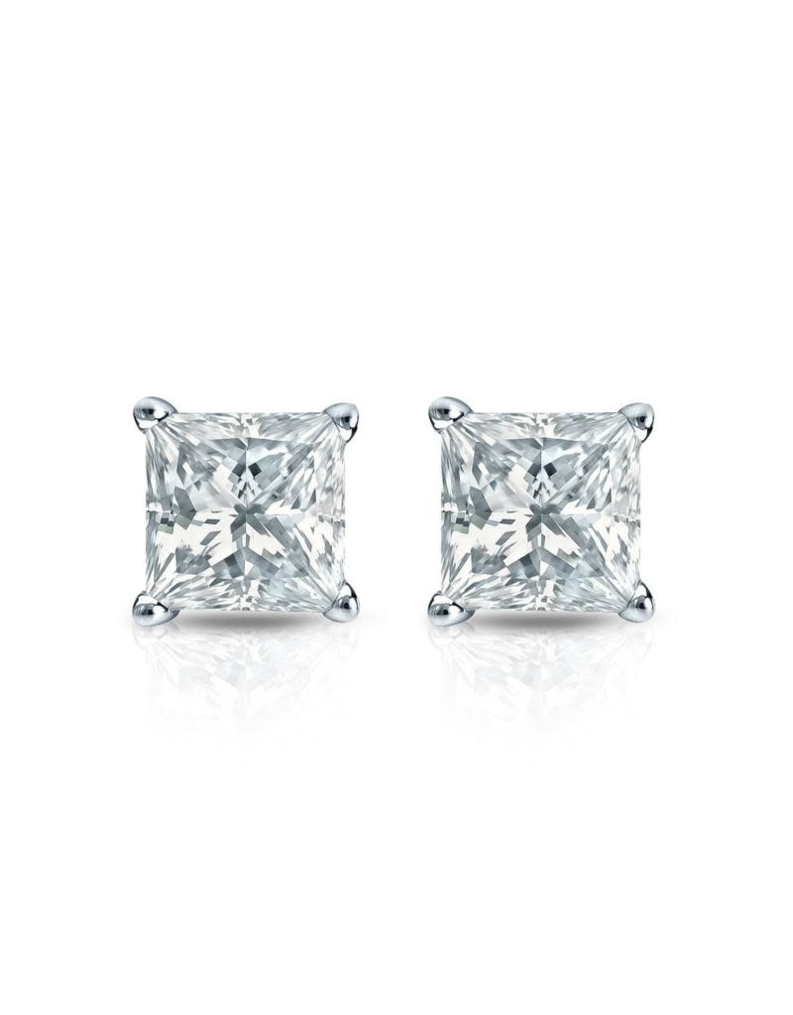 18K White Gold Princess Cut Diamond Stud Earrings, D: 1.43ct