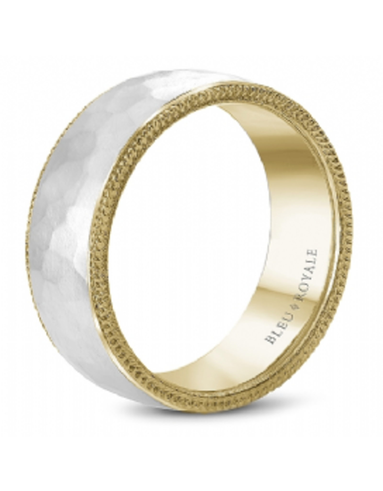 14K White & Yellow Gold Hammered Band with Milgrain Detailing - 8.5mm