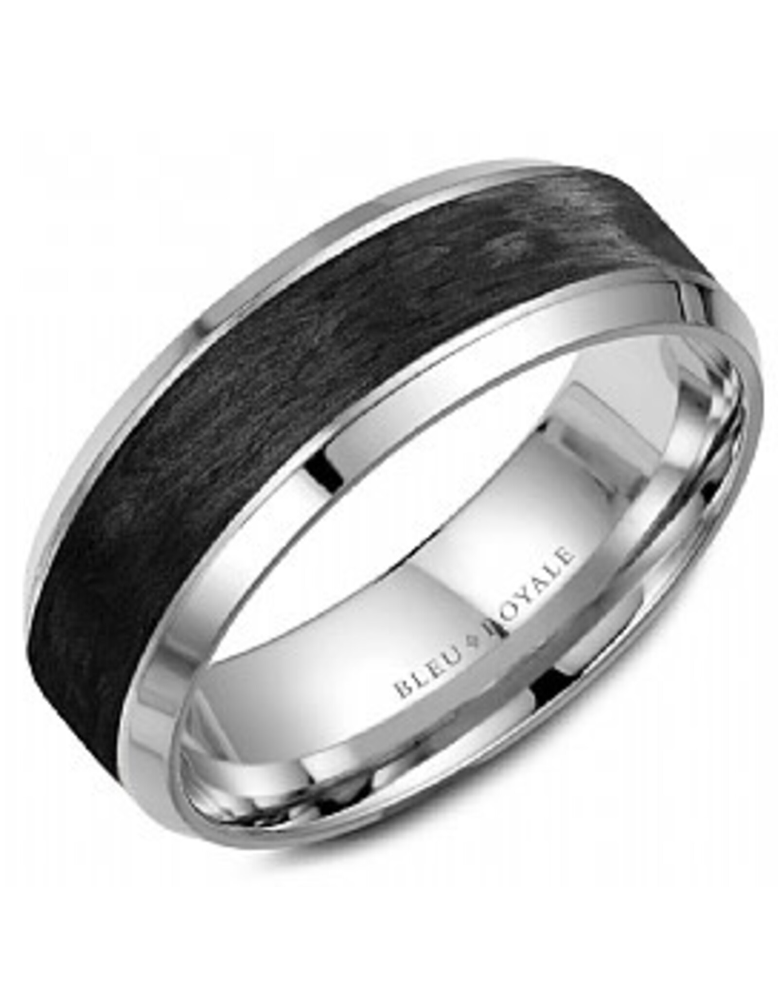 14K White Gold  Forged Carbon Fiber Band with Beveled Edges  - 7.5mm