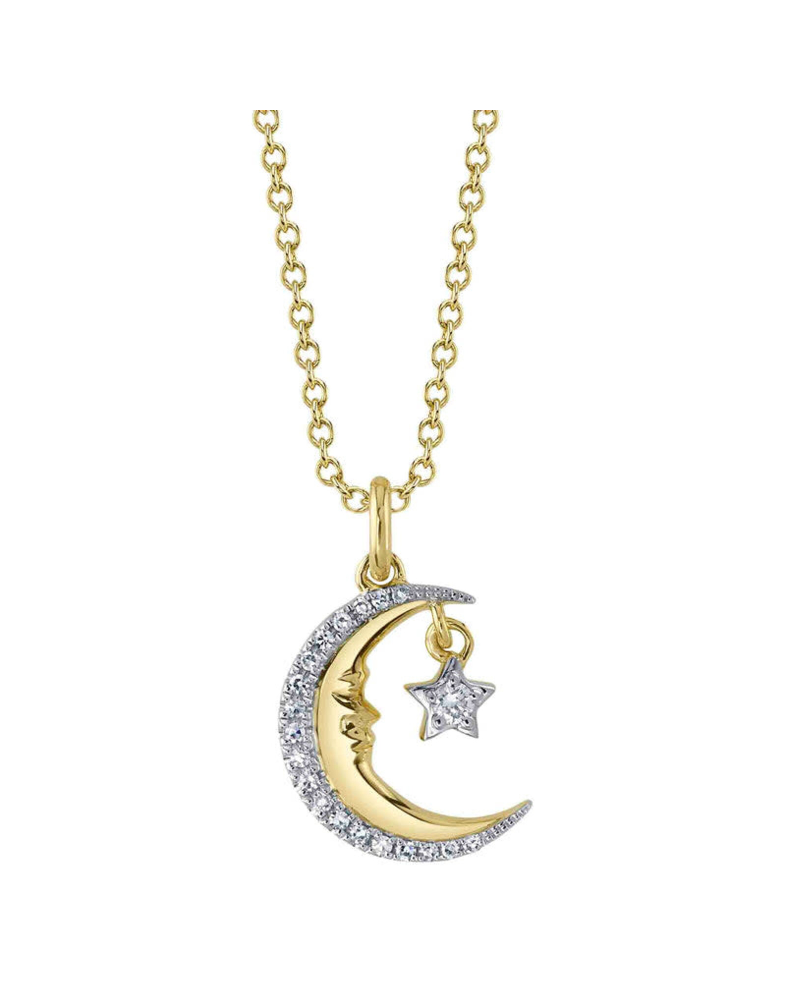 14K Yellow Gold Diamond Crescent Moon & Star Necklace, D: 0.07ct