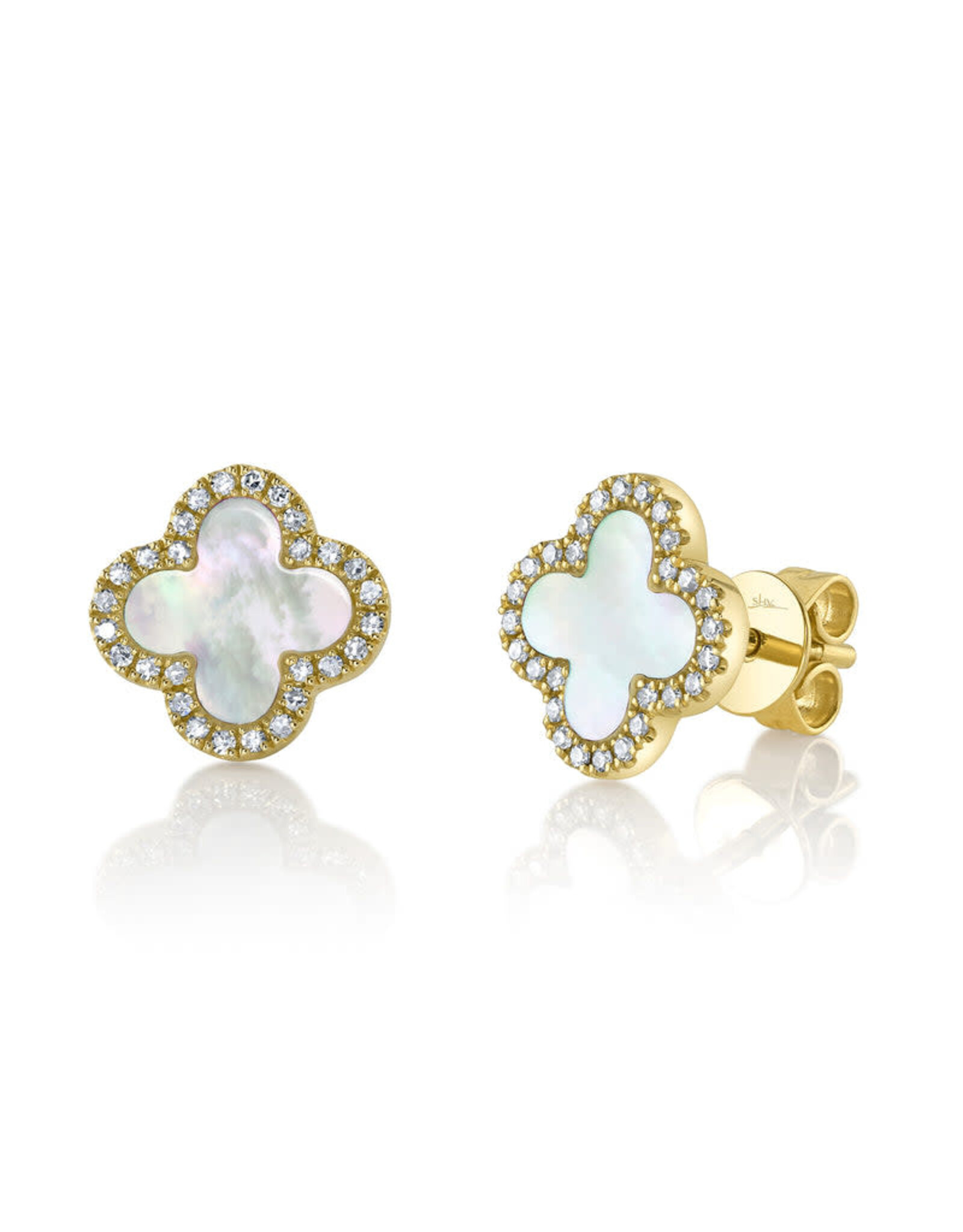 14K Yellow Gold Mother of Pearl Clover Earrings, MP: 0.80ct, D: 0.15ct