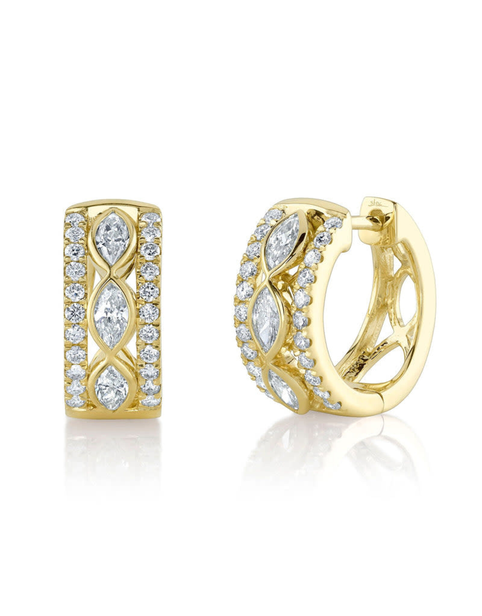 14K Yellow Gold Diamond Marquise Bezel Huggie Earrings, D: 1.01ct