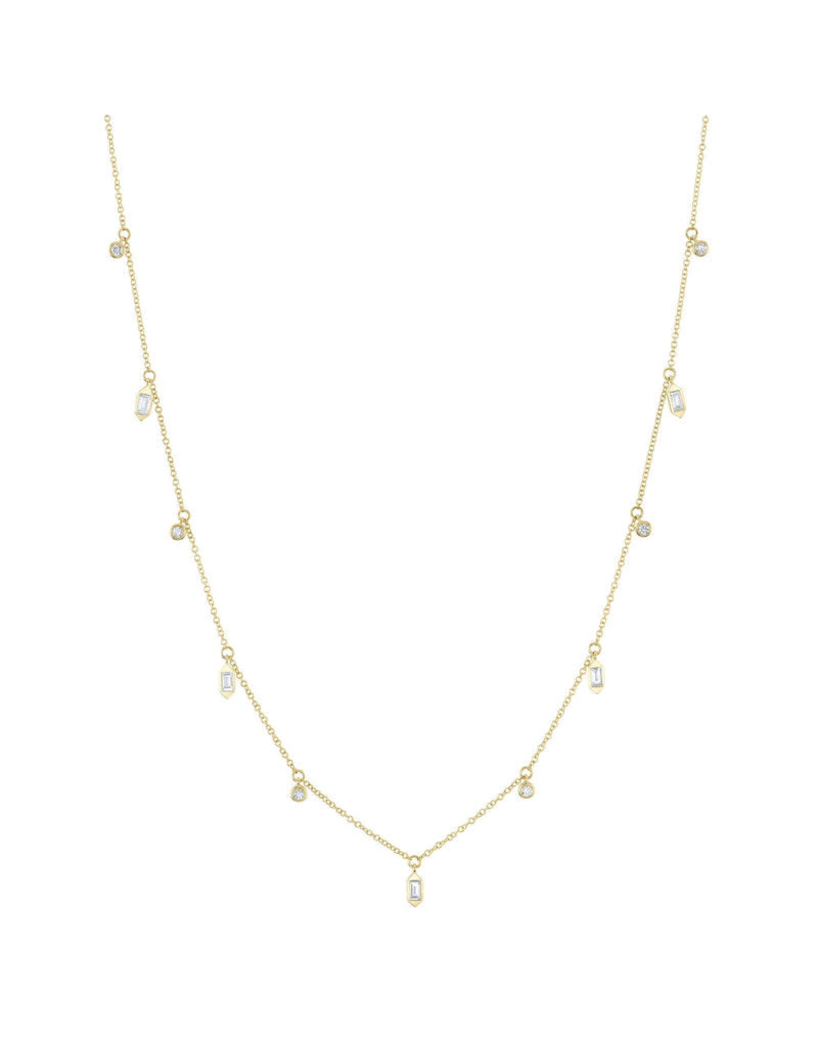 14K Yellow Gold Baguette and Bezel Set Diamond Dangle Necklace, D:0.38ct