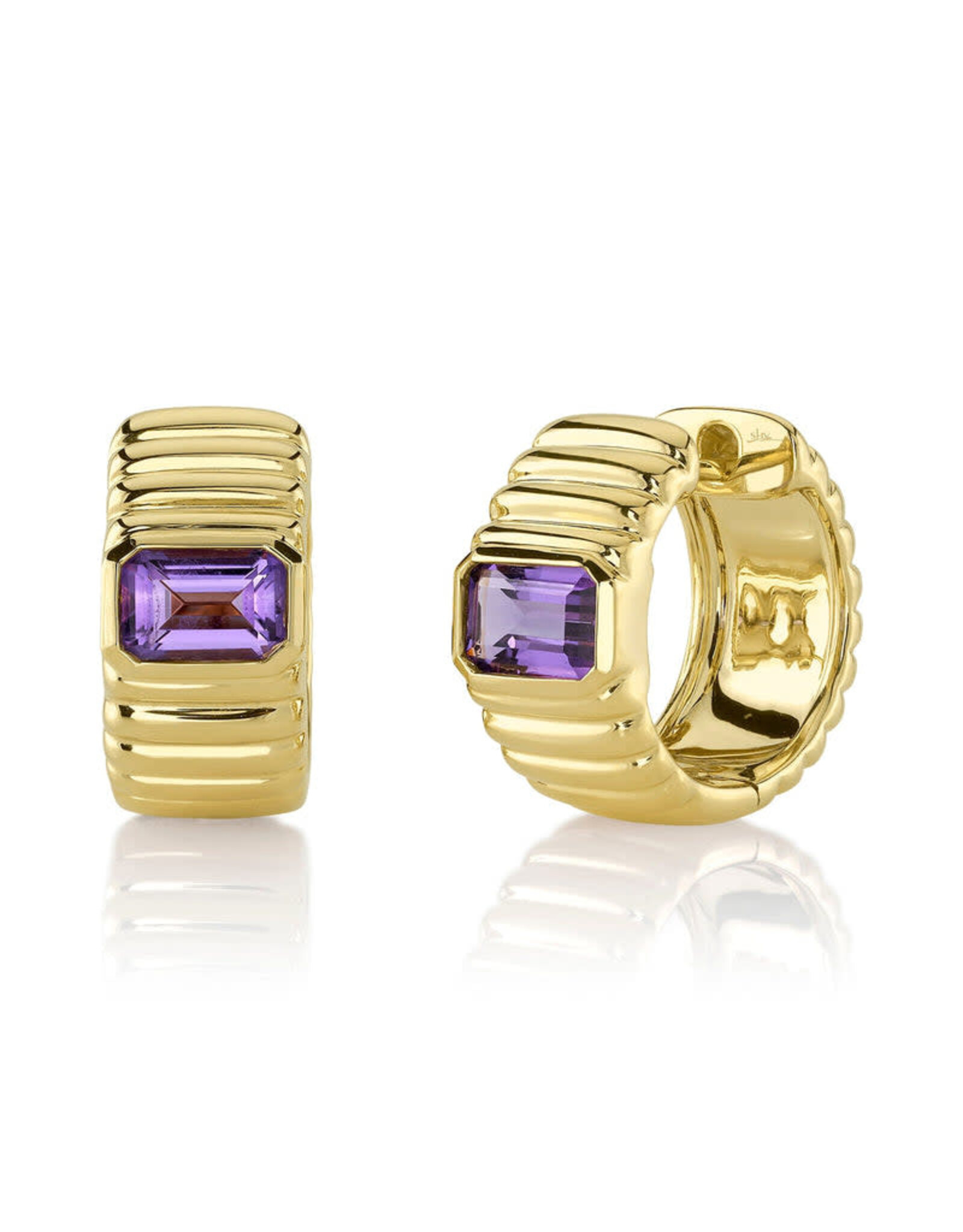 14K Yellow Gold Fluted Amethyst Huggie Earrings, A: 0.96ct