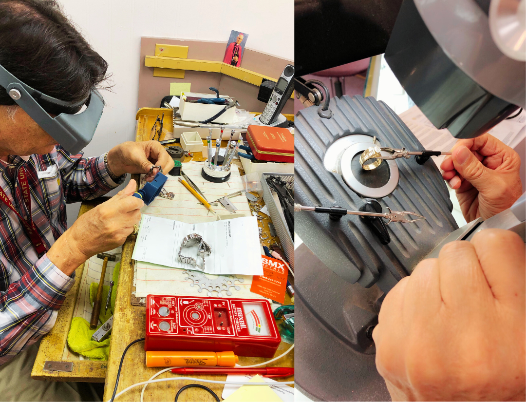 snow's jewelry and watch repairman working on repairs with his workspace visible, on the right we see a zoomed in image of him soldering a ring