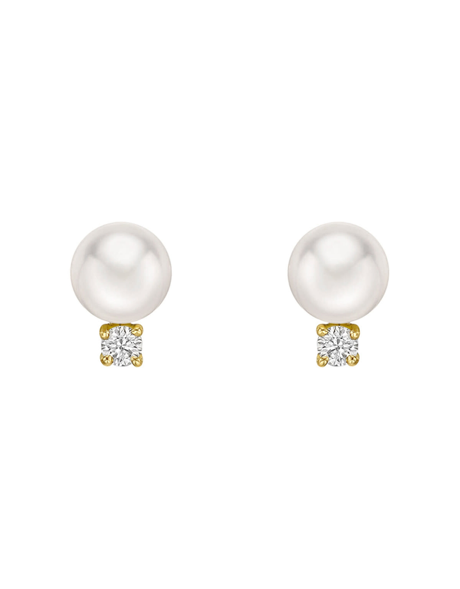14K Yellow Gold Pearl & Diamond Stud Earrings - D: 0.14ct, 8mm