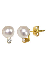 14K Yellow Gold Pearl & Diamond Stud Earrings - D: 0.14ct, 8mm