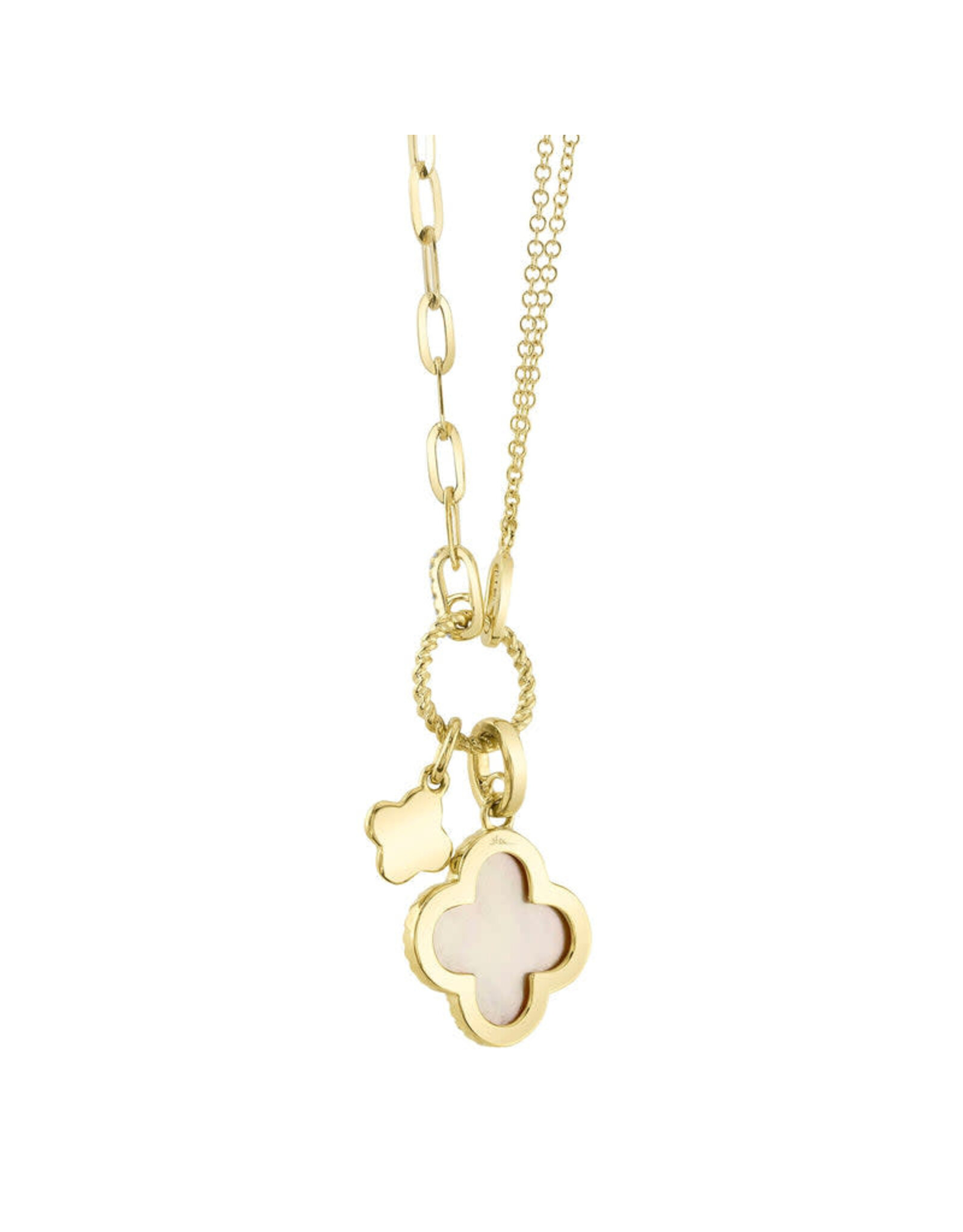 14K Yellow Gold Mother of Pearl Clover Paperclip Necklace, MOP: 1.36ct, D: 0.17ct