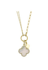 14K Yellow Gold Mother of Pearl Clover Paperclip Necklace, MOP: 1.36ct, D: 0.17ct