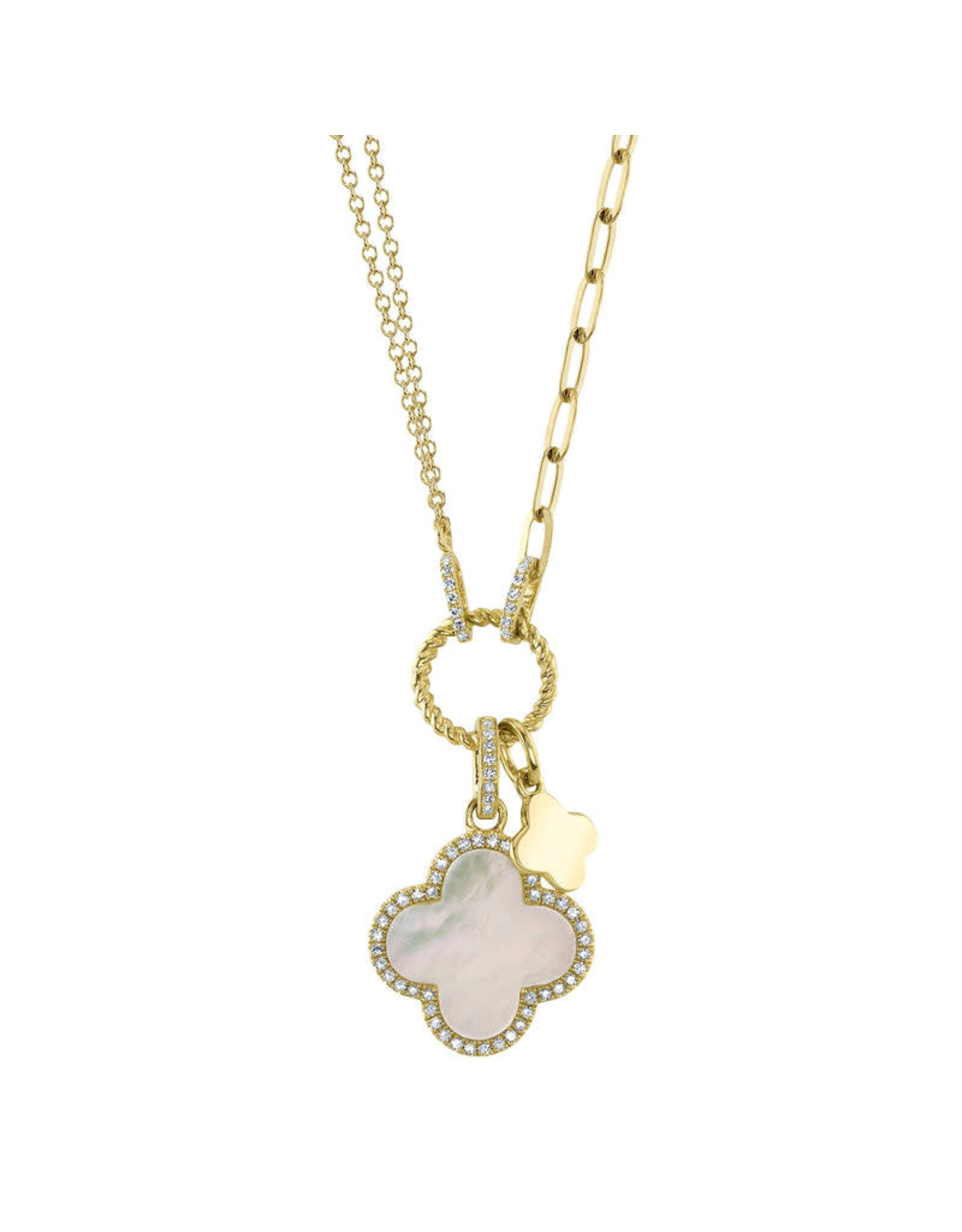 14K Yellow Gold Mother of Pearl Clover Paperclip Necklace, MOP: 1.36ct, D: 0.17ct