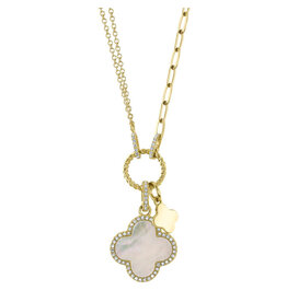 14K Y/G Mother of Pearl Clover Paperclip Necklace