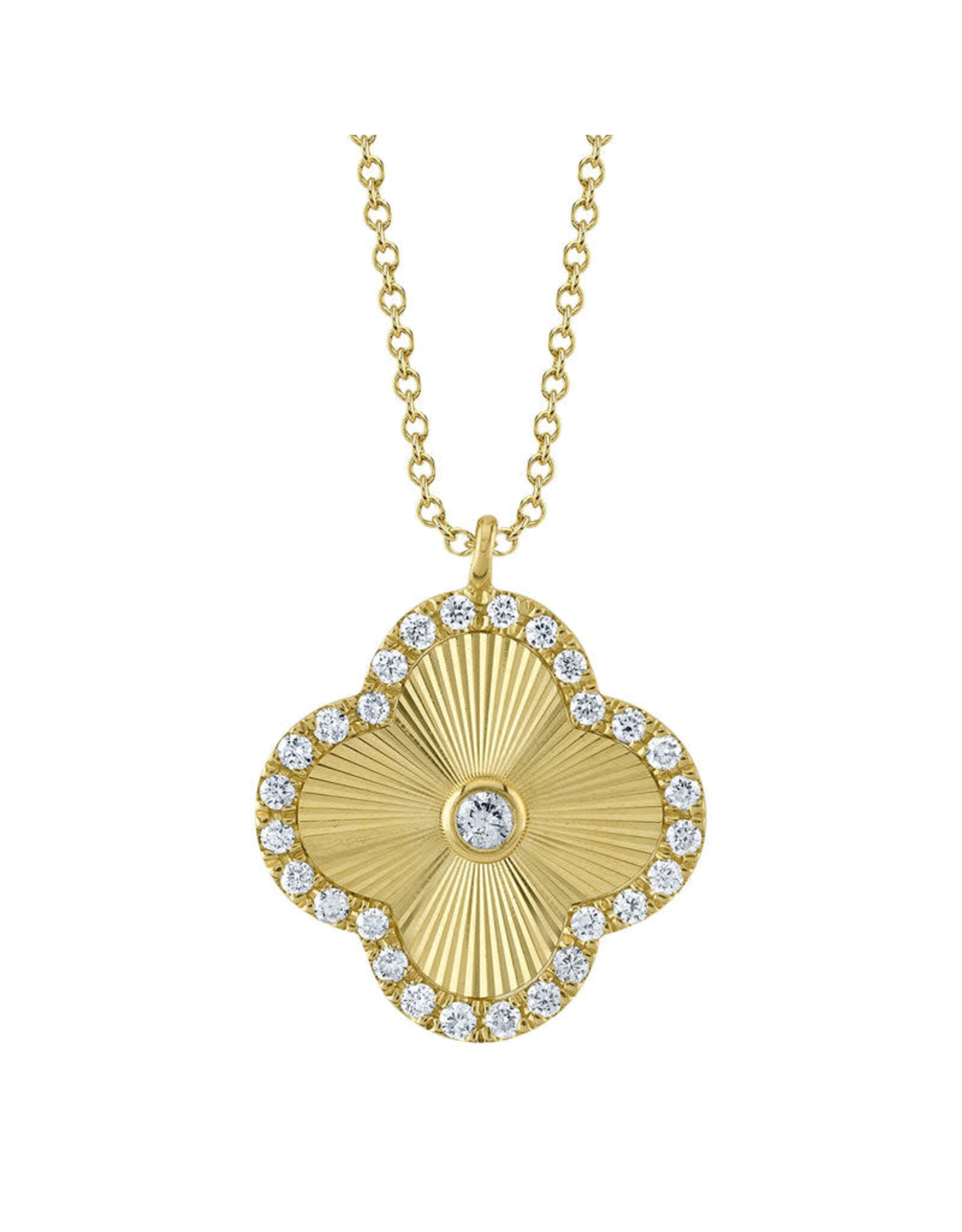 14K Yellow Gold Fluted Diamond Clover Necklace, D: 0.22ct