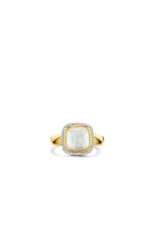 Yellow Gold Plated Mother of Pearl Ring with Zirconia Accents