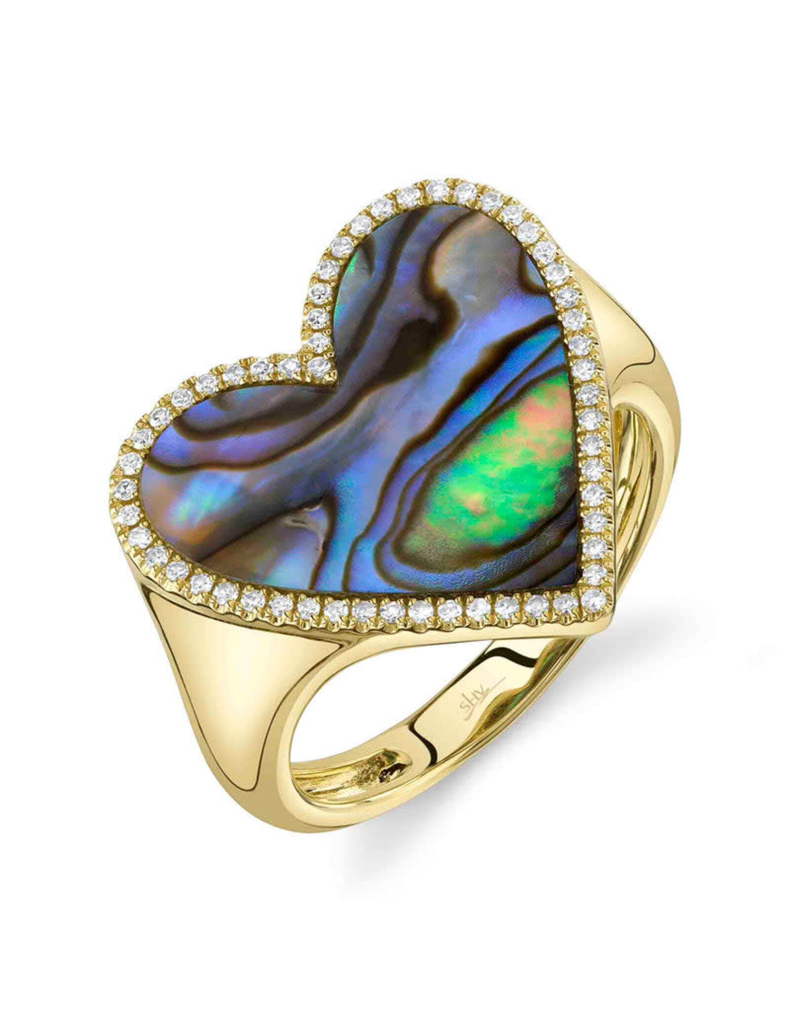14K Yellow Gold Abalone and Diamond Heart Ring, AB: 1.83ct, D: 0.15ct