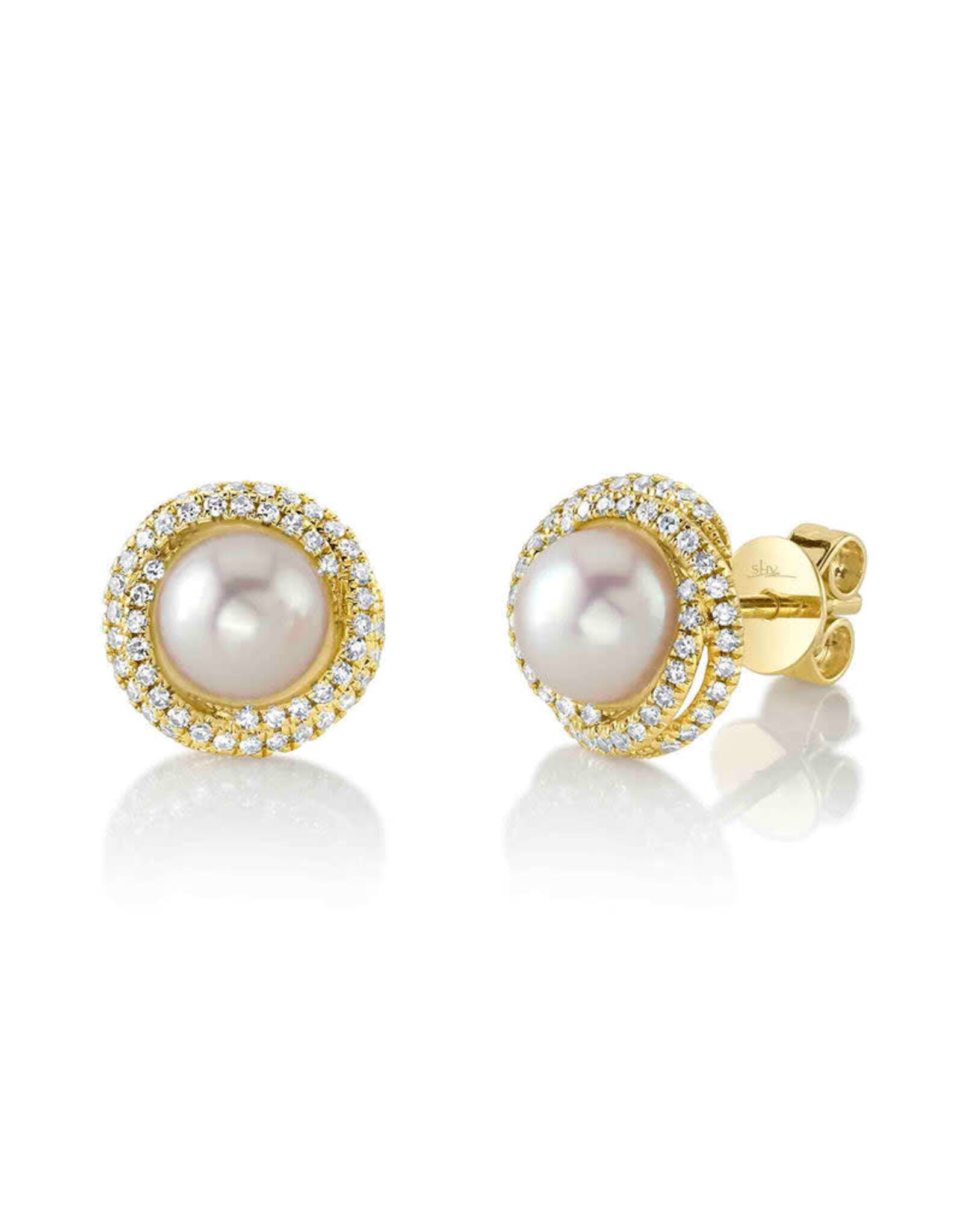 14K Yellow Gold Pearl and Diamond Stud Earrings, P:6.5mm, D: 0.26ct