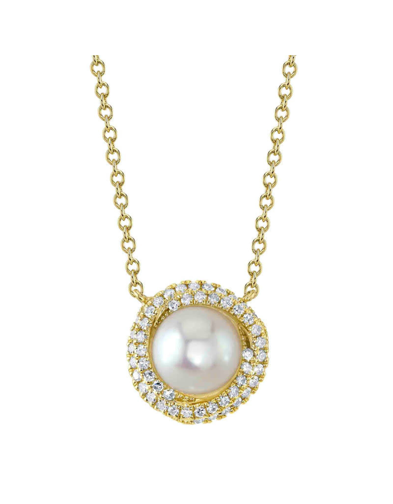 14K Yellow Gold Pearl and Diamond Necklace, P: 6.5mm, D: 0.13ct
