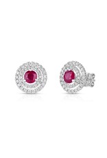 14K White Gold Ruby & Double Diamond Halo Studs, R: 0.69ct, D: 0.38ct