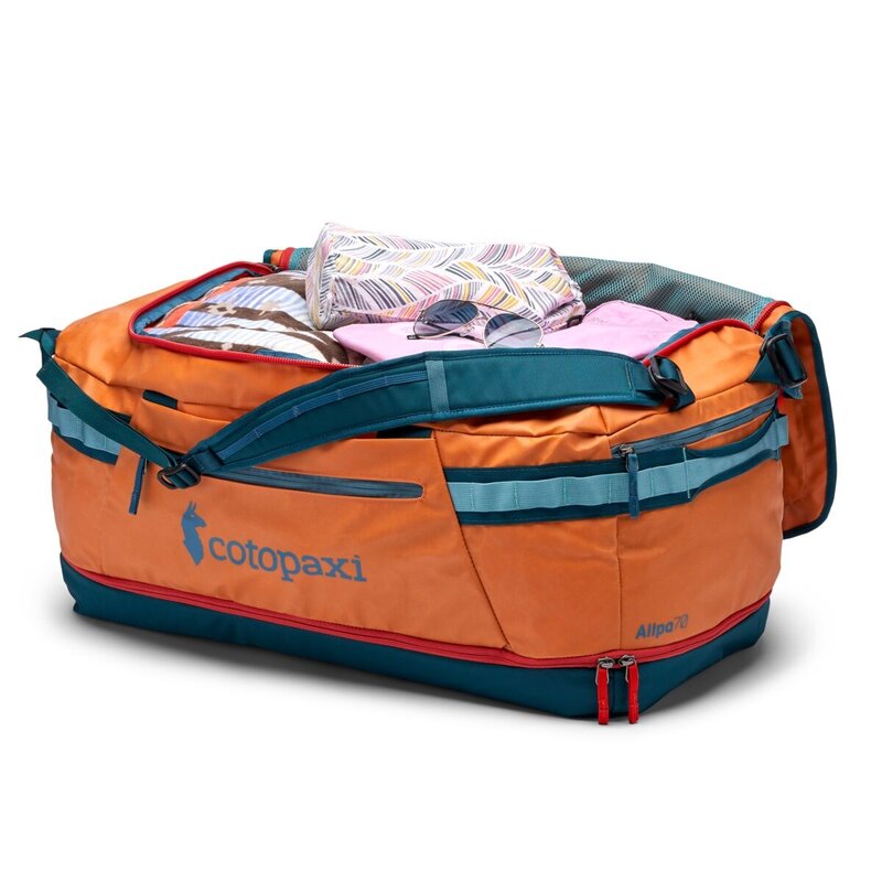cotopaxi allpa cargo hold 35L CARRY-ON TRAVEL PACK A35-S25 featuring multiple zippered compartments Cotopaxi Allpa Getaway 55L Duffel