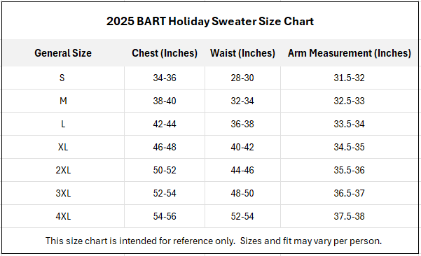 2025 Holiday Sweater Size Chart