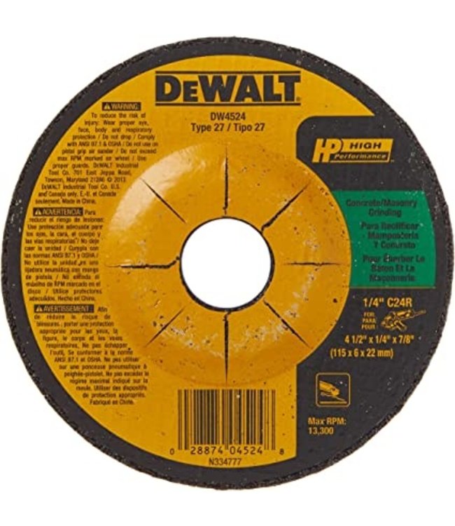 DEWALT DW4524 4-1/2" x 1/4" x 7/8" Concrete/Masonry Grinding Wheel