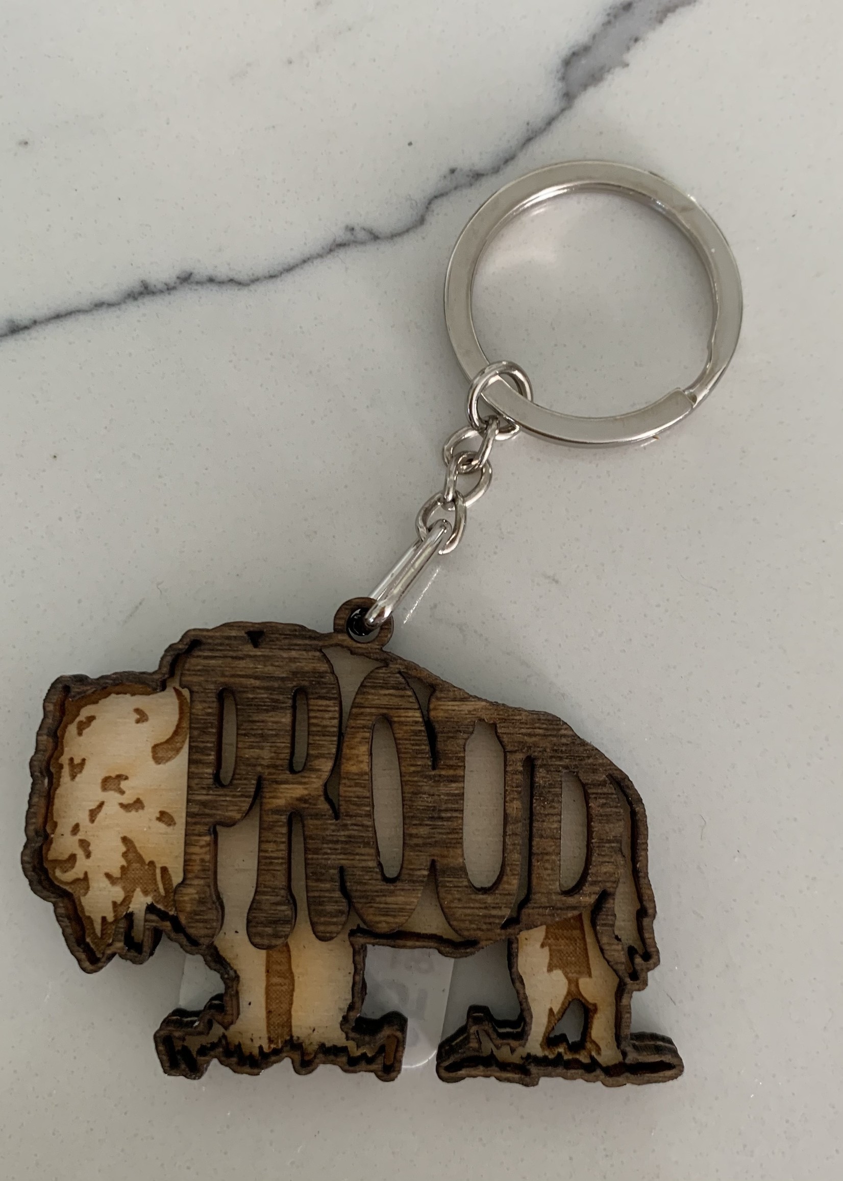 BUFFALO PROUD DUAL LEVEL WOOD KEYCHAIN