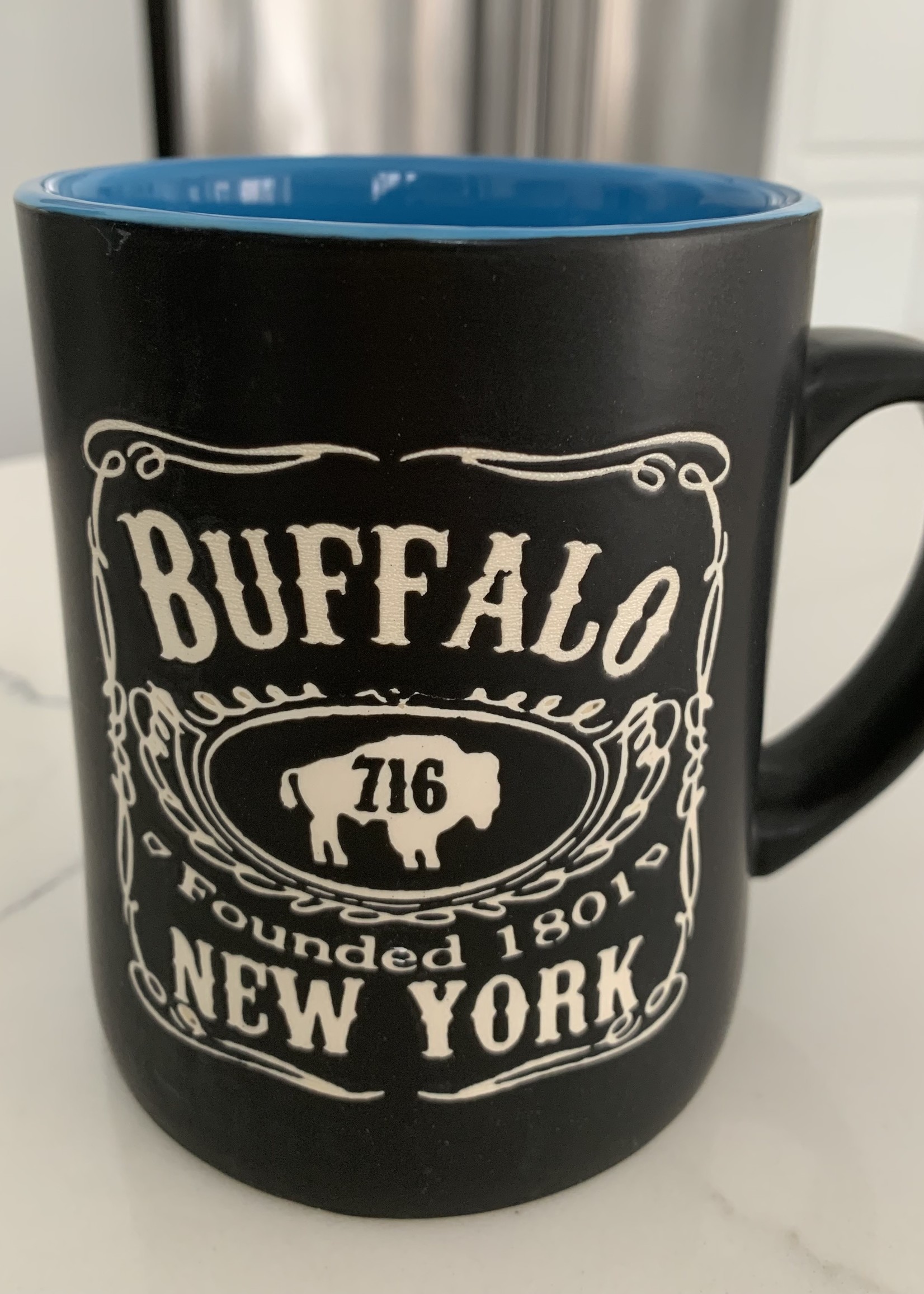BUFFALO, NY JD WHISKEY LABEL MUG BLUE