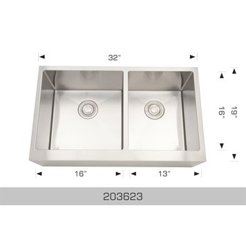 Bosco Bosco 32"x19"x10" 60/40 Double Bowl 16-Gauge Stainless Steel Apron Front Kitchen Sink