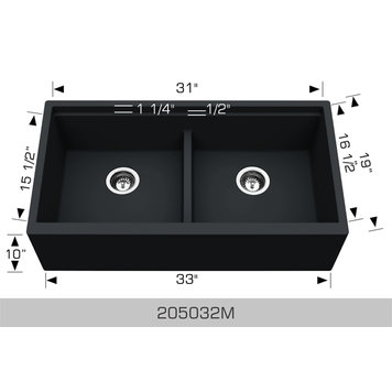 Bosco Bosco 33"x19"x9.5" Apron Front Double Bowl Granite Kitchen Sink
