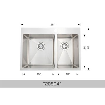 Bosco Bosco 28"x20"x8" 60/40 Double Bowl Stainless Steel Drop-In Kitchen Sink