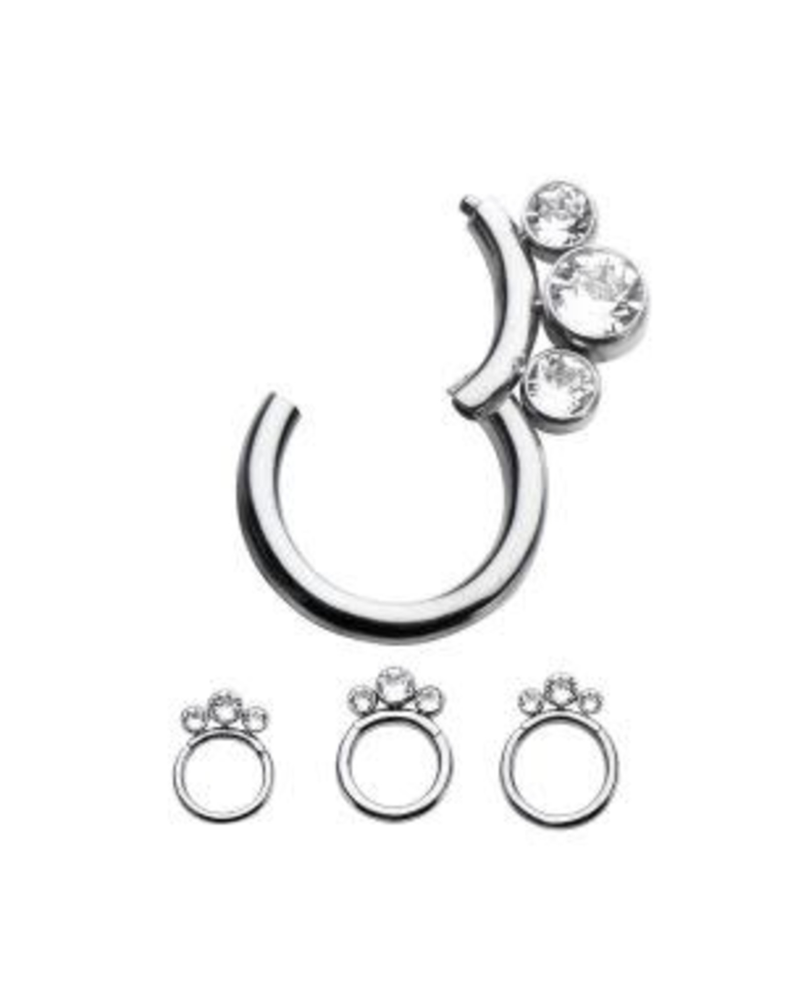 Stainless Anneau Clicker 3 mini pierres blanches ,16ga, 8 mm