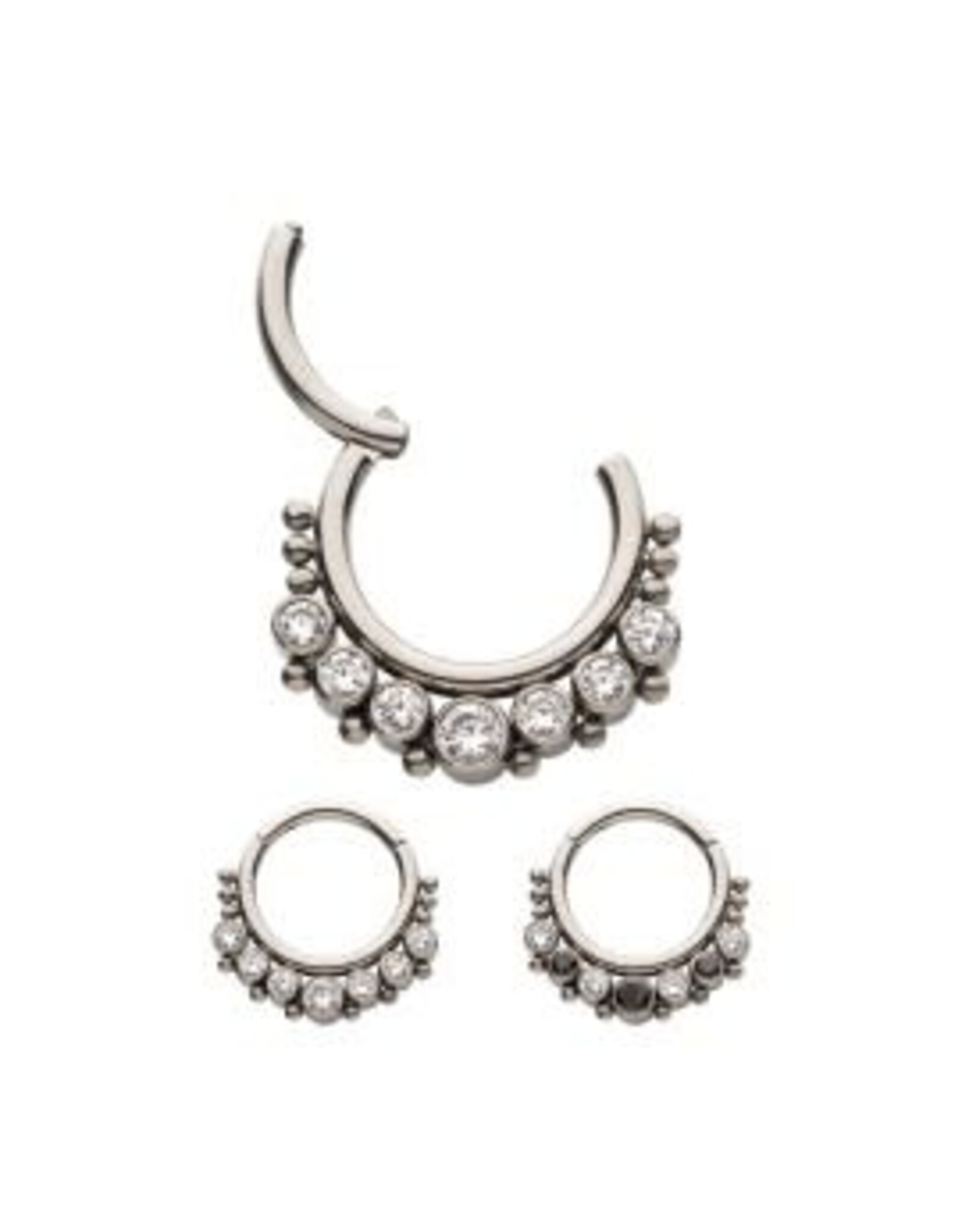 Clicker, Titanium with 7 Cluster Bezel Set CZ & Beads Front Facing Hinged Segment