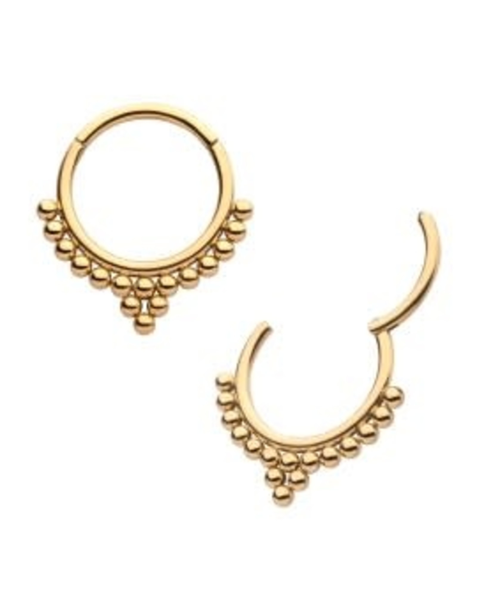 Gold PVD Clicker, 24KT Gold PVD Titanium Beaded Classic Clustered Front Facing Hinged Segment, 10 mm, 16 ga