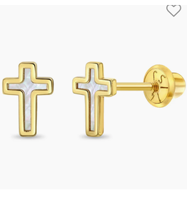 Or 14K Boucle d'oreille vissée 14K Croix Perlée