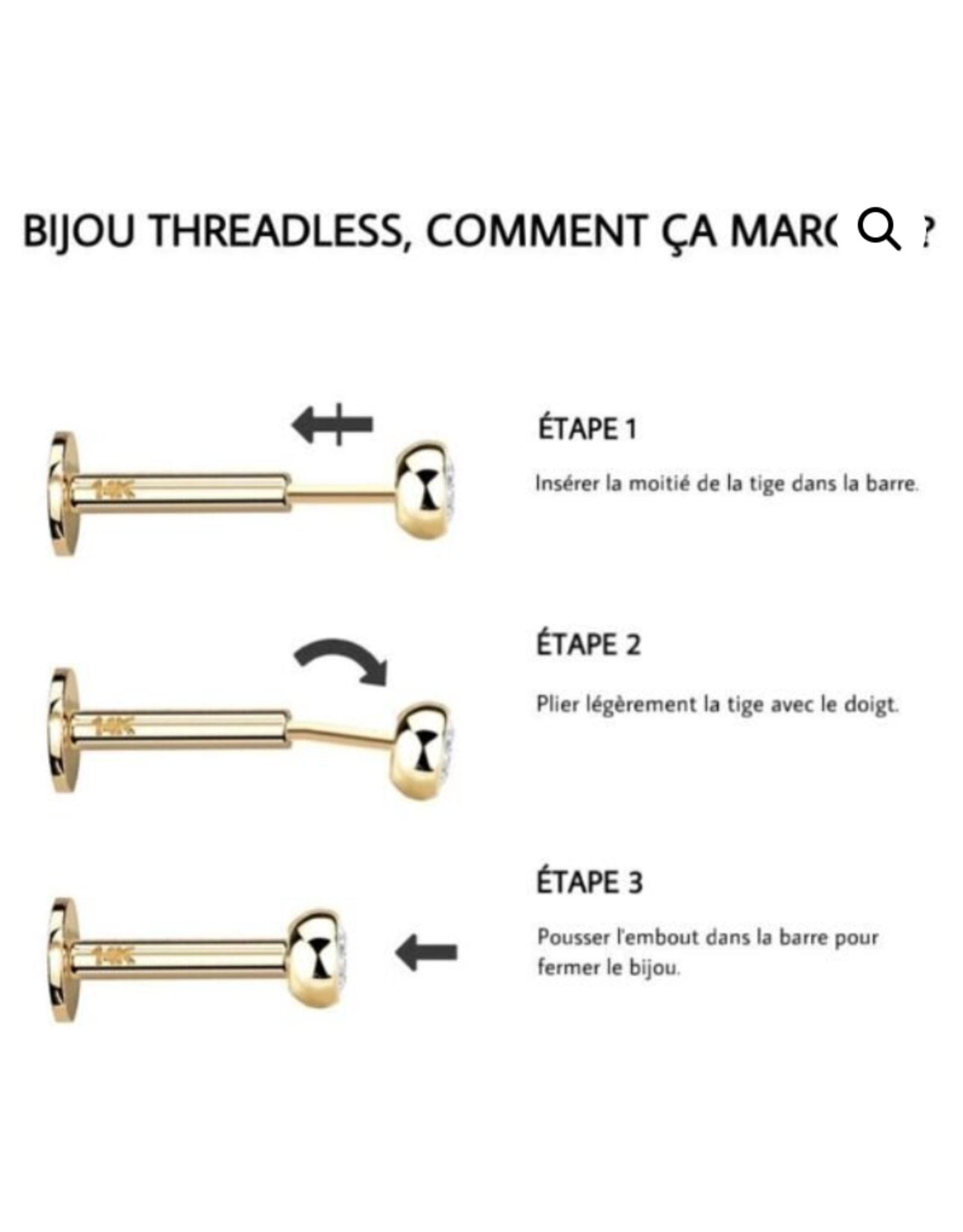 Barbell 14ga/16mm 5 pierres Gold Titanium Threadless