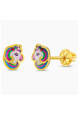Or 14K Boucle d'oreille vissée en Or 14K Tête licorne Arc-en-ciel