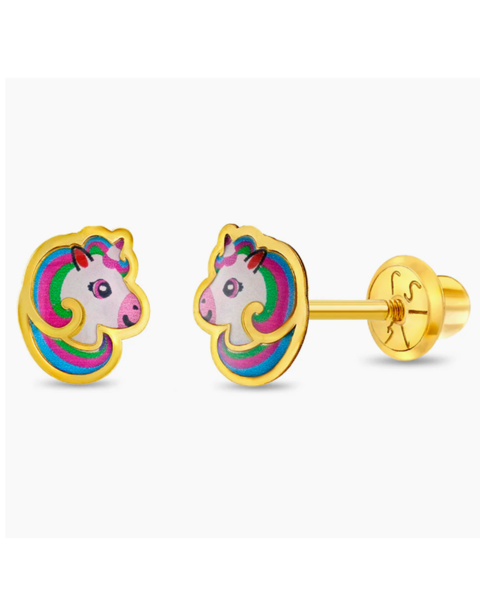 Or 14K Boucle d'oreille vissée en Or 14K Tête licorne Arc-en-ciel