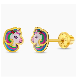 Or 14K Boucle d'oreille vissée en Or 14K Tête licorne Arc-en-ciel