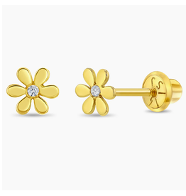 Or 14K Boucle d'oreille vissée Or 14K Fleur Plain Crystal au centre