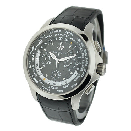 Girard-Perregaux World Time Chronograph Traveller Mens Automatic Steel on Black Crocodile Strap with Black Dial Girard-Perregaux World Time Chronograph Traveller Mens Automatic Steel on Black Crocodile Strap with Black Dial