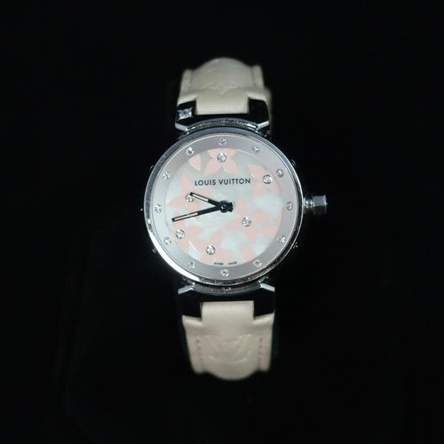 Louis Vuitton Tambour Watch with Stunning Dial that Combines Diamonds and Pink Flowers - with Cream Leather Band Louis Vuitton Tambour Watch with Stunning Dial that Combines Diamonds and Pink Flowers - with Cream Leather Band