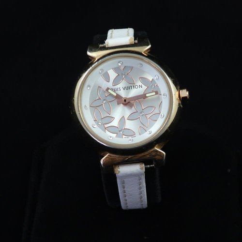 Louis Vuitton Tambour with Exquisite Rose Gold and White Flower Design on the Dial - Diamond Hour Markers - Gold Case with Thin White Leather Band Louis Vuitton Tambour with Exquisite Rose Gold and White Flower Design on the Dial - Diamond Hour Markers - Gold Case with Thin White Leather Band