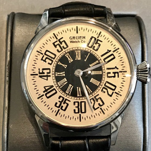 Gruen Gruen Watch with Steel Case and Black Leather Strap Gruen Gruen Watch with Steel Case and Black Leather Strap