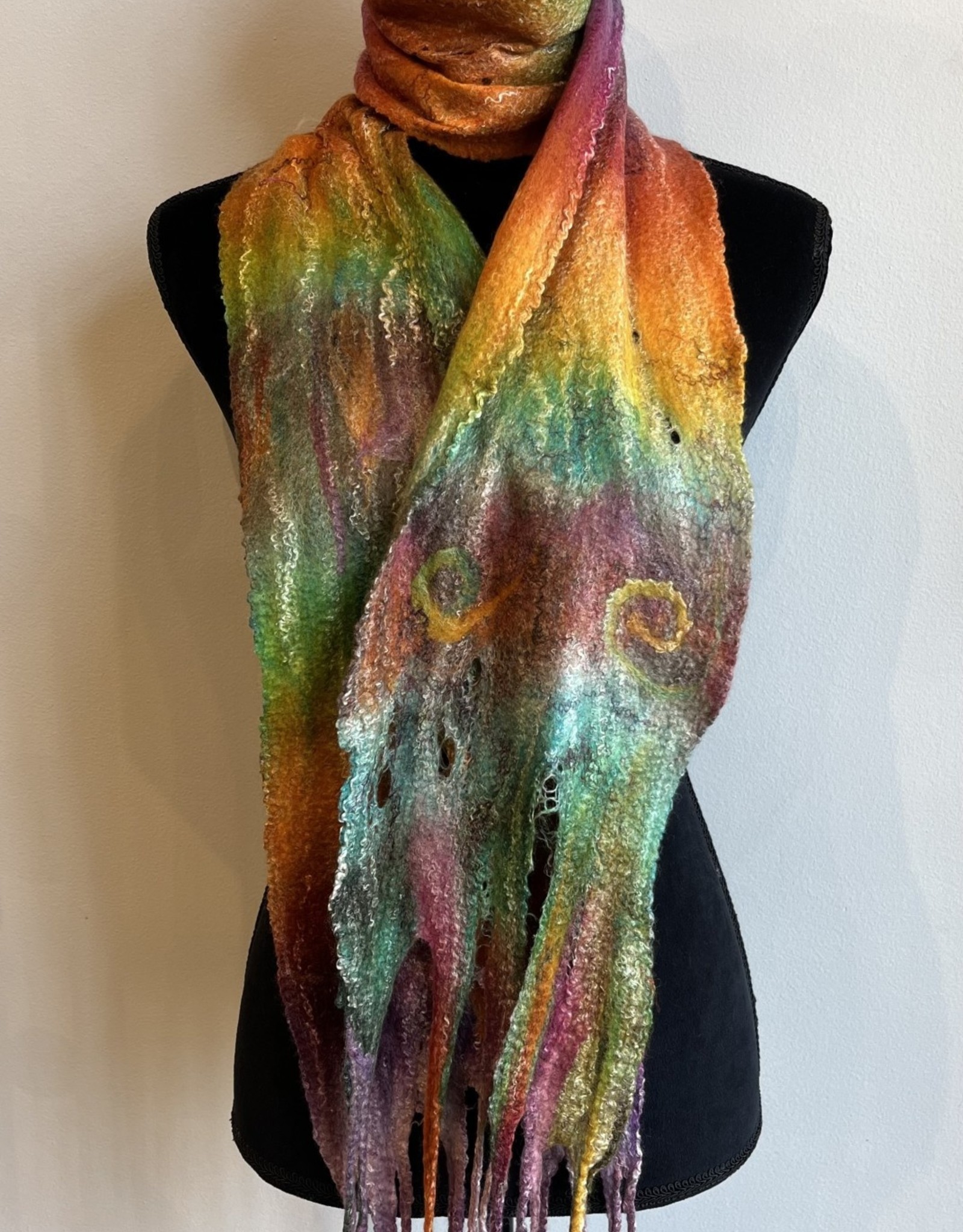 Brown Felted Wool Scarf with Silk, Women Felted Scarf, Textured