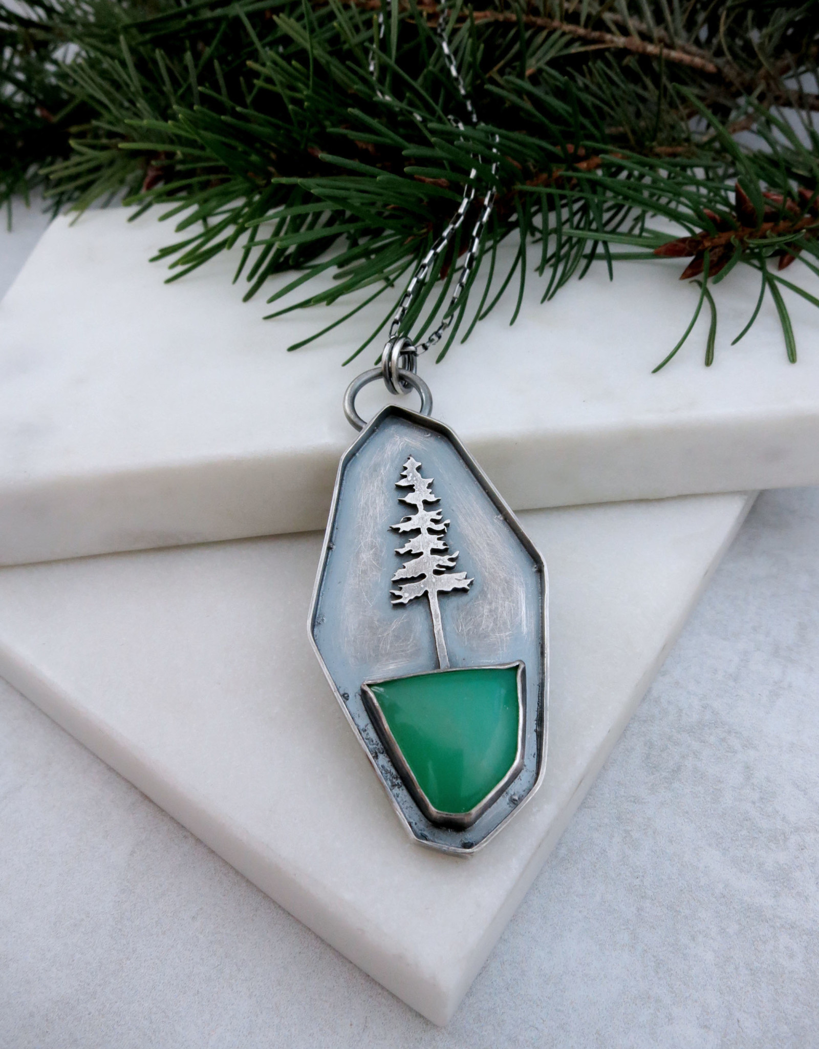 Catherine Chandler Tall Tree Necklace with Chrysoprase and Oxidized Sterling Silver 18-20" - CCJ