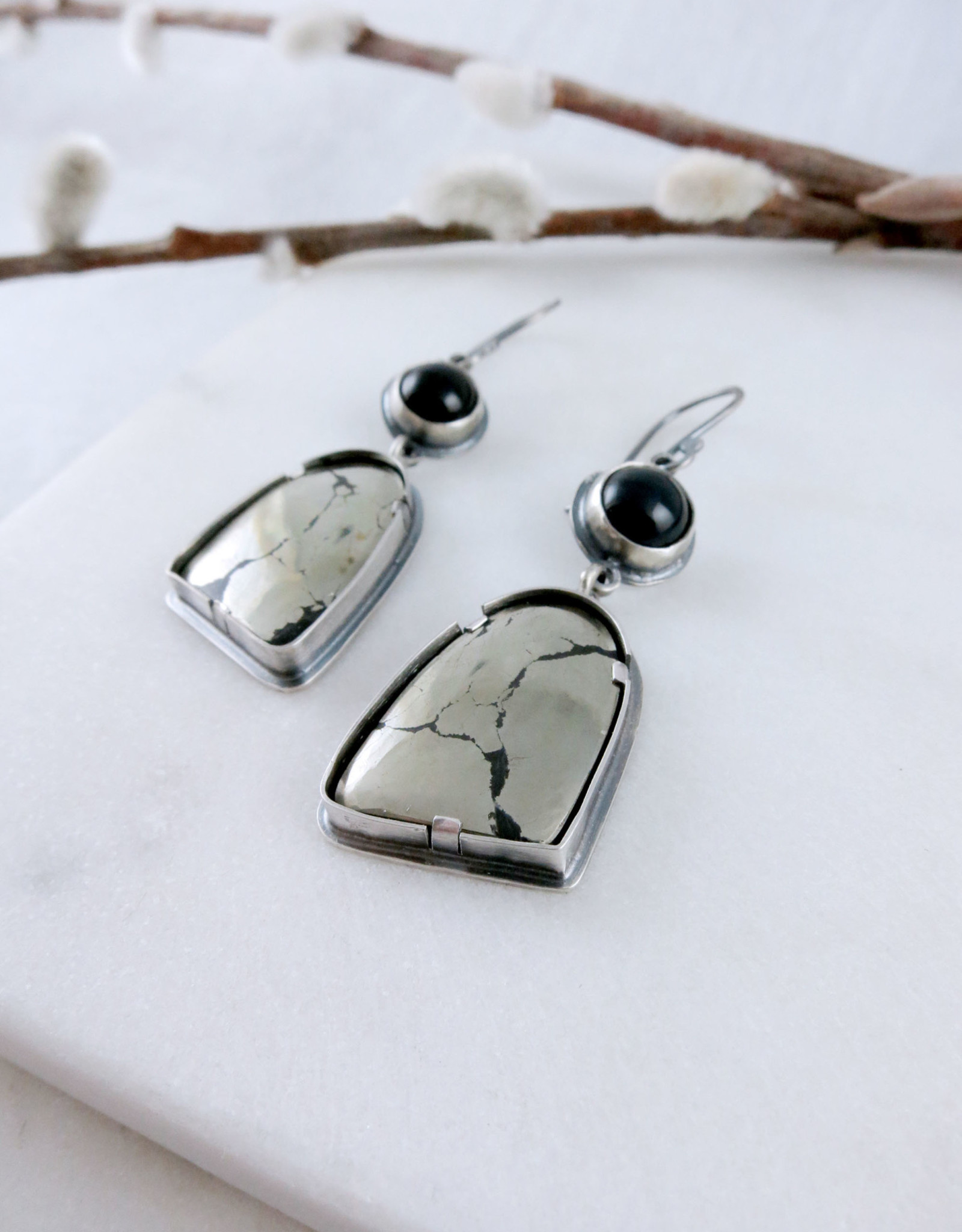 Catherine Chandler Chalcopyrite and Onyx Earrings in Oxidized Sterling Silver - CCJ