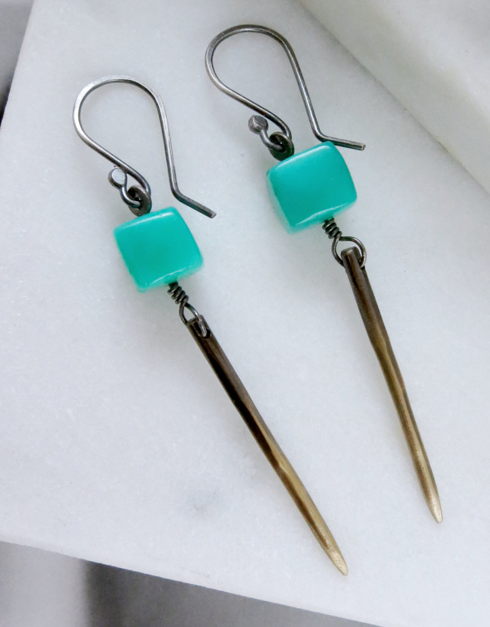 Catherine Chandler Chrysoprase Earrings with Oxidized Brass Points and Sterling Silver - CCJ