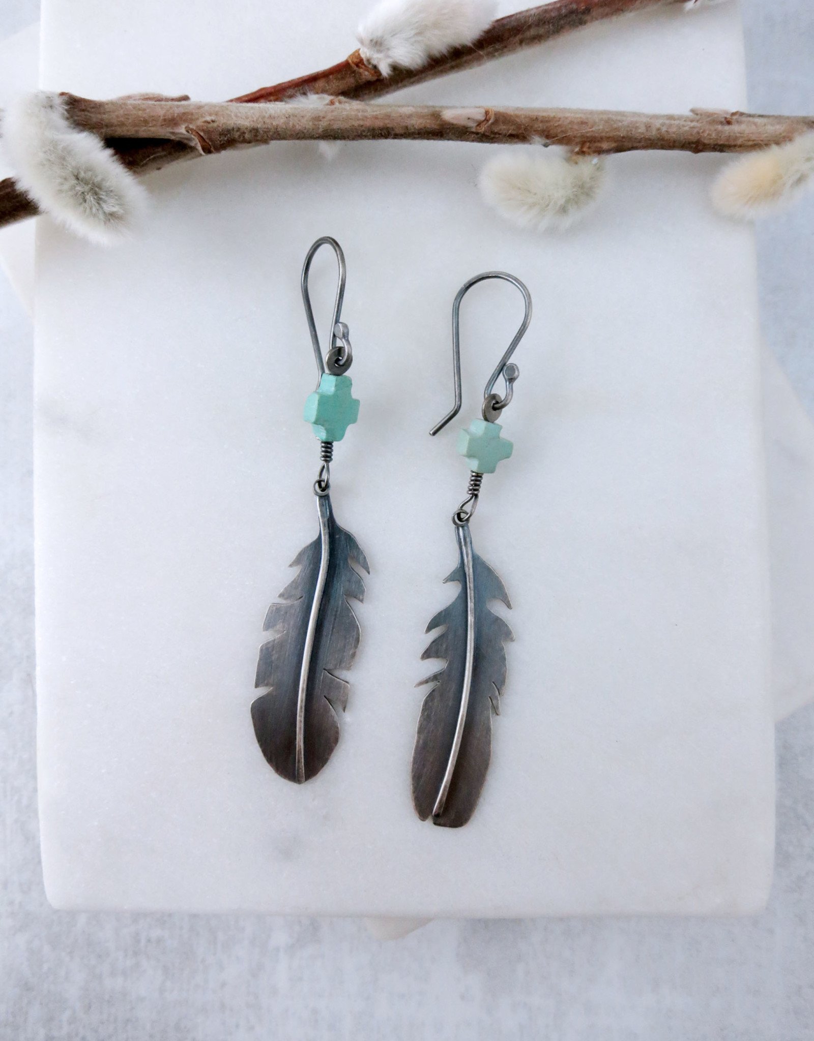 Catherine Chandler Long Feather Earrings Oxidized Silver Turquoise Crosses - CCJ