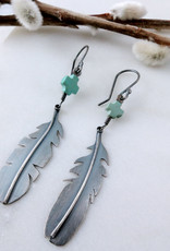 Catherine Chandler Long Feather Earrings Oxidized Silver Turquoise Crosses - CCJ